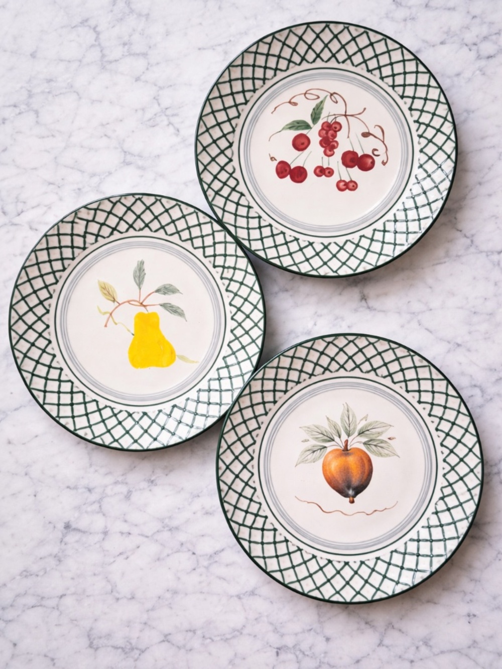 Royal Norfolk Fruit Dessert Plates Set of 3 Lattice Rim Cherry Pear Peach Cerami